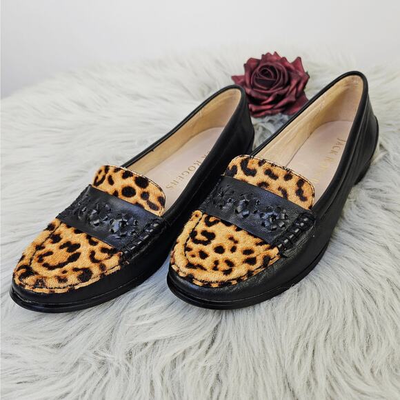 Jack Rogers Remy Calf Hair Leopard Print Loafers Black Leather SlipOn Flats 5.5B - Picture 2 of 13